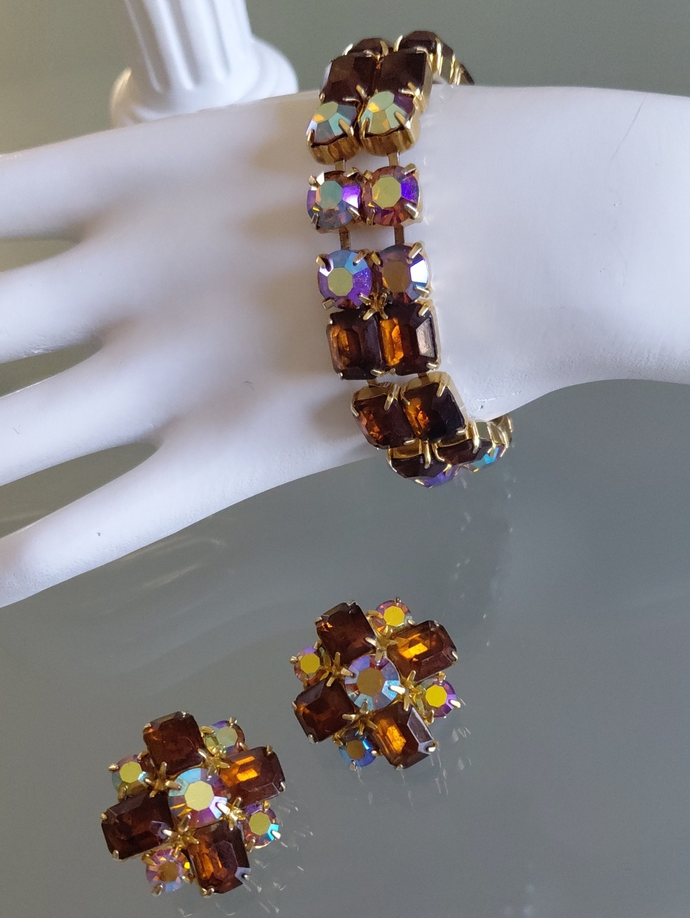 Vintage Amber AB Rhinestone Bracelet Clip-On Earrings Set